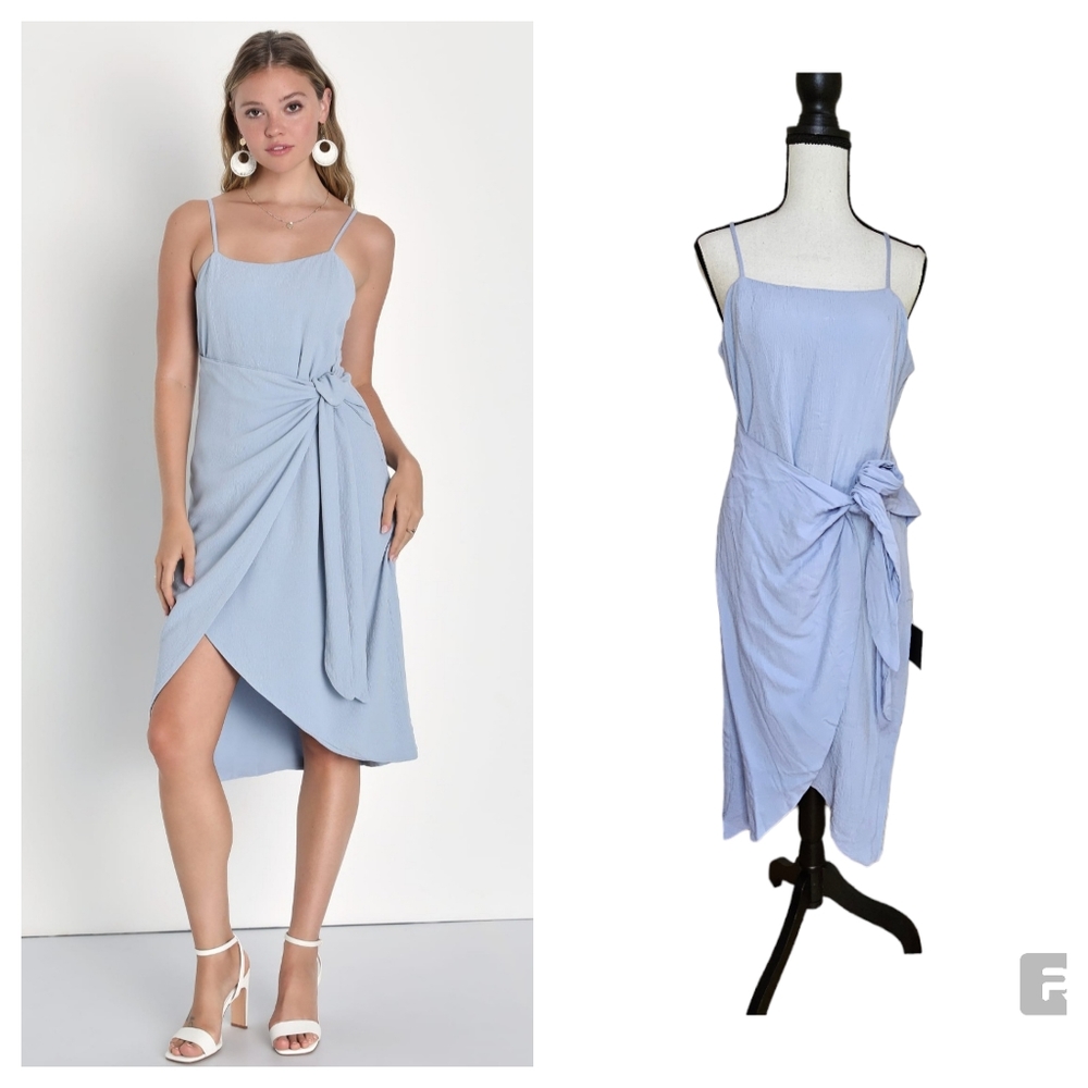 NWT Lulus Stay Sunny Light Blue Faux Wrap Midi Dress Size L